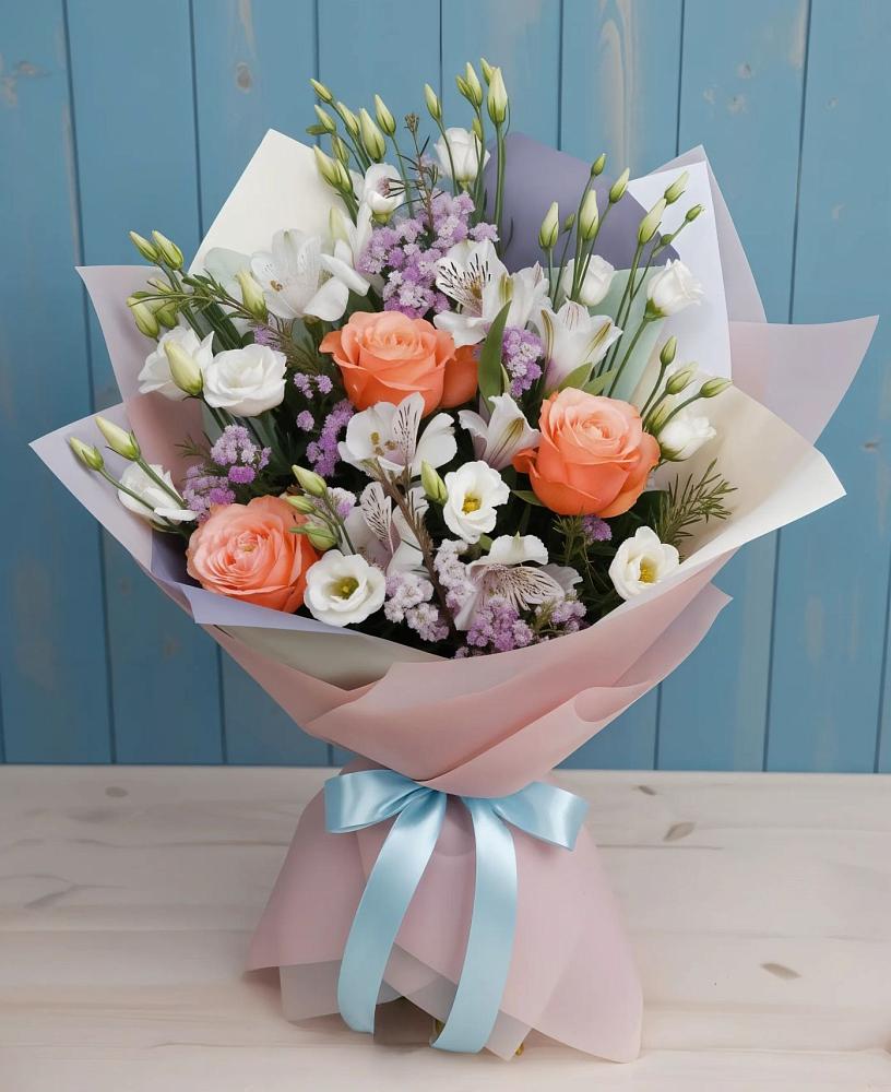 Букет цветов из: Лизиантусы, Розы, Альстромерии и Гипсофила в Нефтекамске