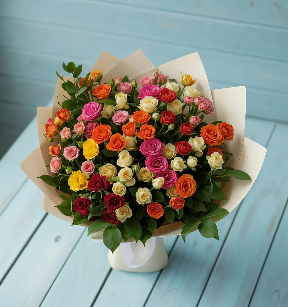 Букет Микс из разноцветных кустовых роз в Нефтекамске