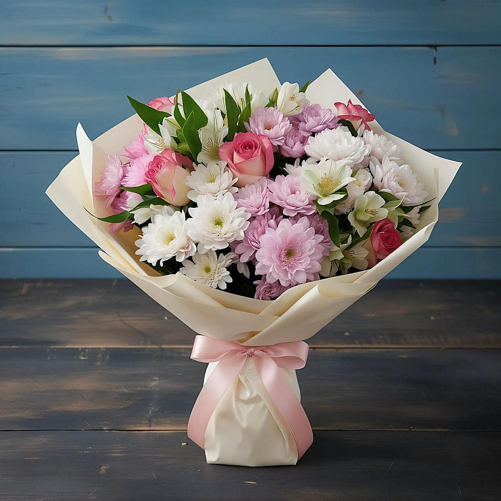 Букет цветов из: Хризантемы, Альстромерии и Розы в Нефтекамске